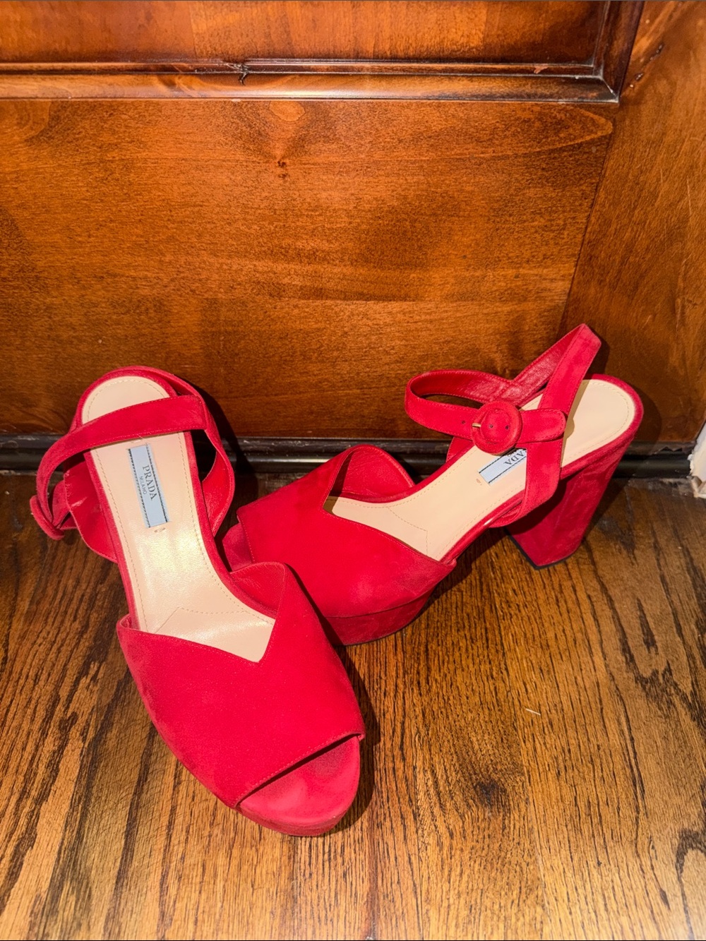 Prada Red Suede Platform Slingback Sandals